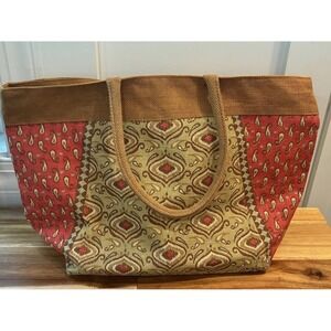 Style 101 Jute Burlap Tote Bag Red Paisley Boho Zip Top Shoulder Beach Large